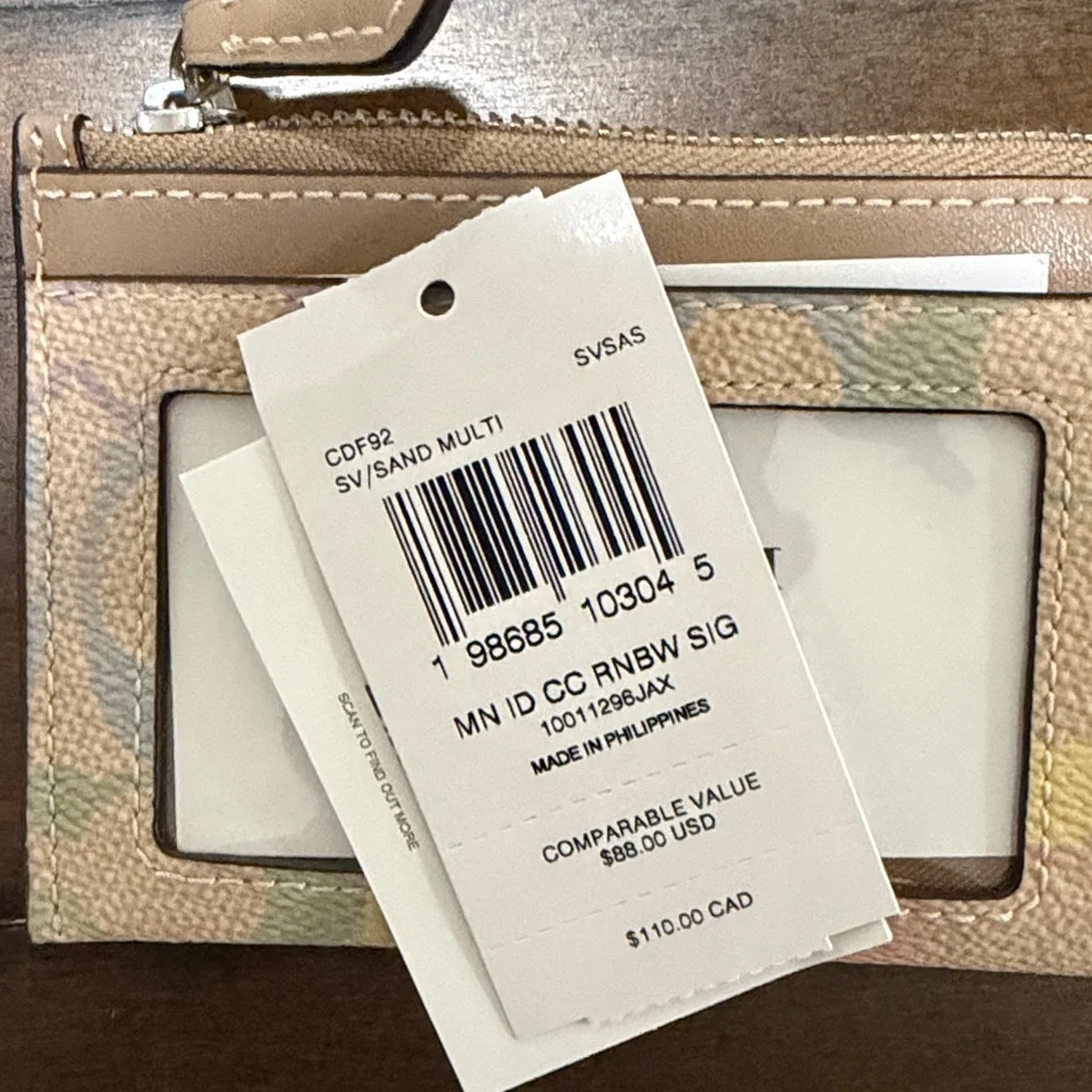 NWT Coach Mini Skinny Id Case In Rainbow Signature Canvas Silver Sand CDF92 - Picture 4 of 4